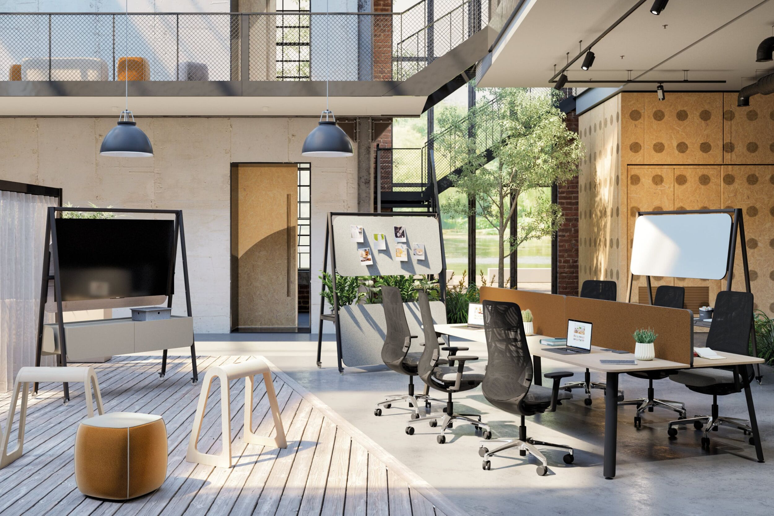 Moderne Büroeinrichtung mit offenen, flexiblen Arbeitsplätzen